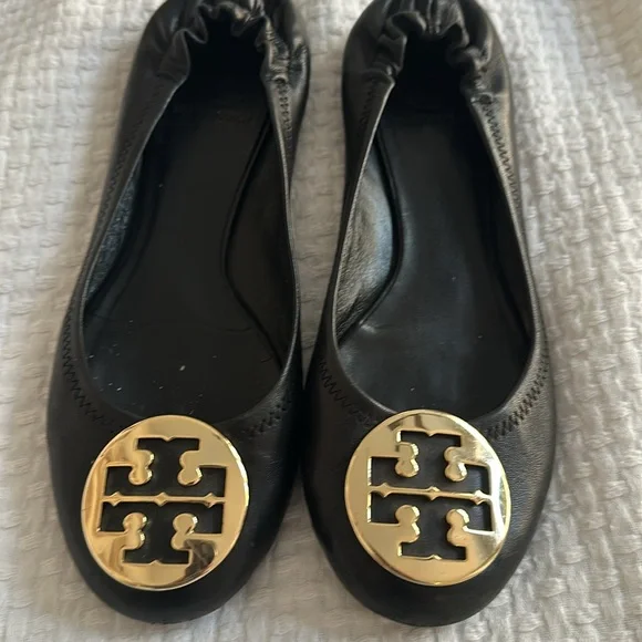Tory Burch Black Flats with Gold Medallion - Picture 3 of 6